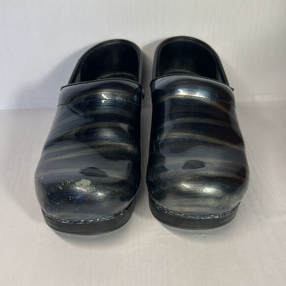 Dansko Womens Black Blue Leather Slipon mules Chunky Heel Clogs size 37 EU US - Picture 3 of 10